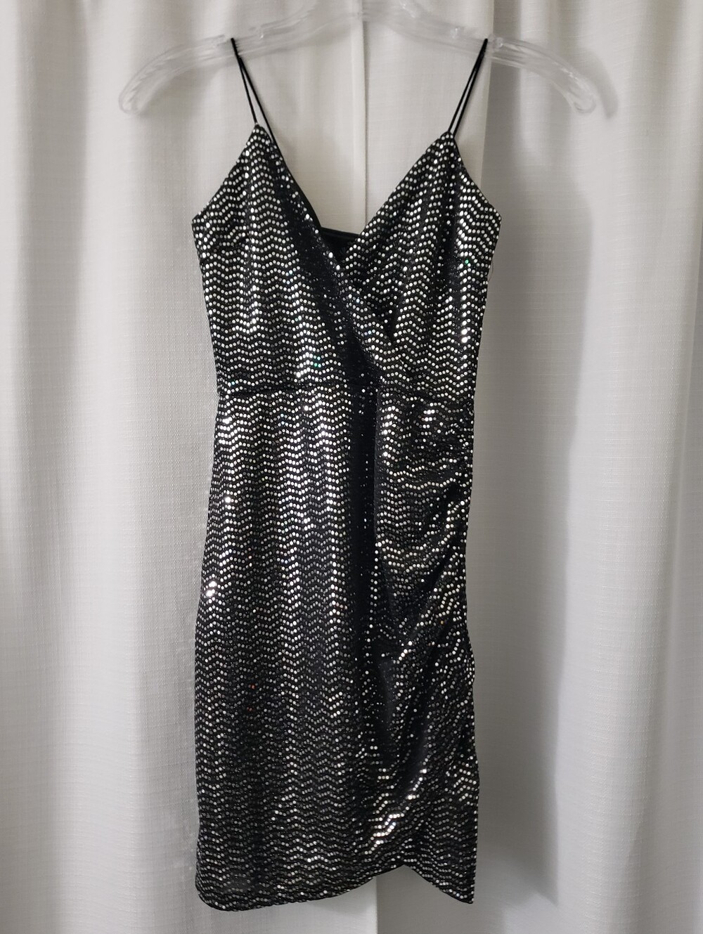 NWT XS Charlotte Russe Black Silver Spaghetti Strap Mini Dress - Scrunch Side